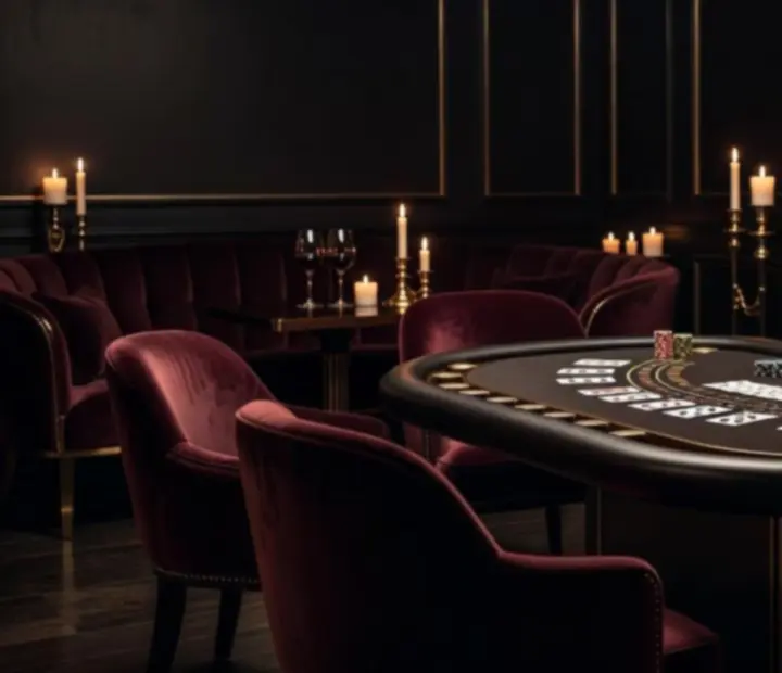 Prywatna komnata kasynowa MAKSZ-ART Bt. z oświetleniem świec, aksamitnymi fotelami i stołem blackjack