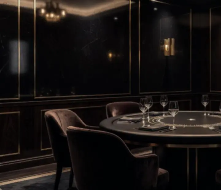 Salon MAKSZ-ART Bt. z blackjack table i prywatnymi stolikami w aksamitnej aranżacji.